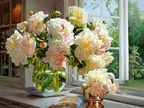 Без бренда «Ваза с букетом белых пионов у окна» в Хабаровске