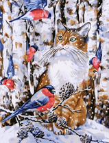 Рыжий кот и снегири в зимнем лесу