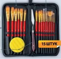 Без бренда «Коробка 50 шт.: Набор кистей для рисования в чехле, премиум набор (15 нейлоновых кистей, 1 мастихин) красные» в Хабаровске