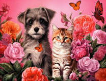 Щенок и котенок в розовых цветах